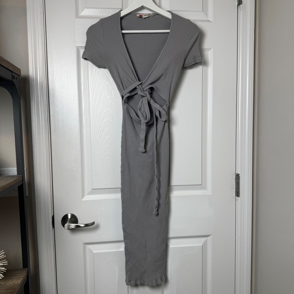 Free People FP Beach Around the Clock Midi Dress XS Slim Gray Ribbed Tie Cutout